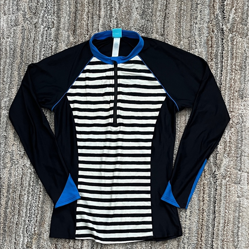 Coastal Blue Black and White Striped Long Sleeve Top with Blue Accents